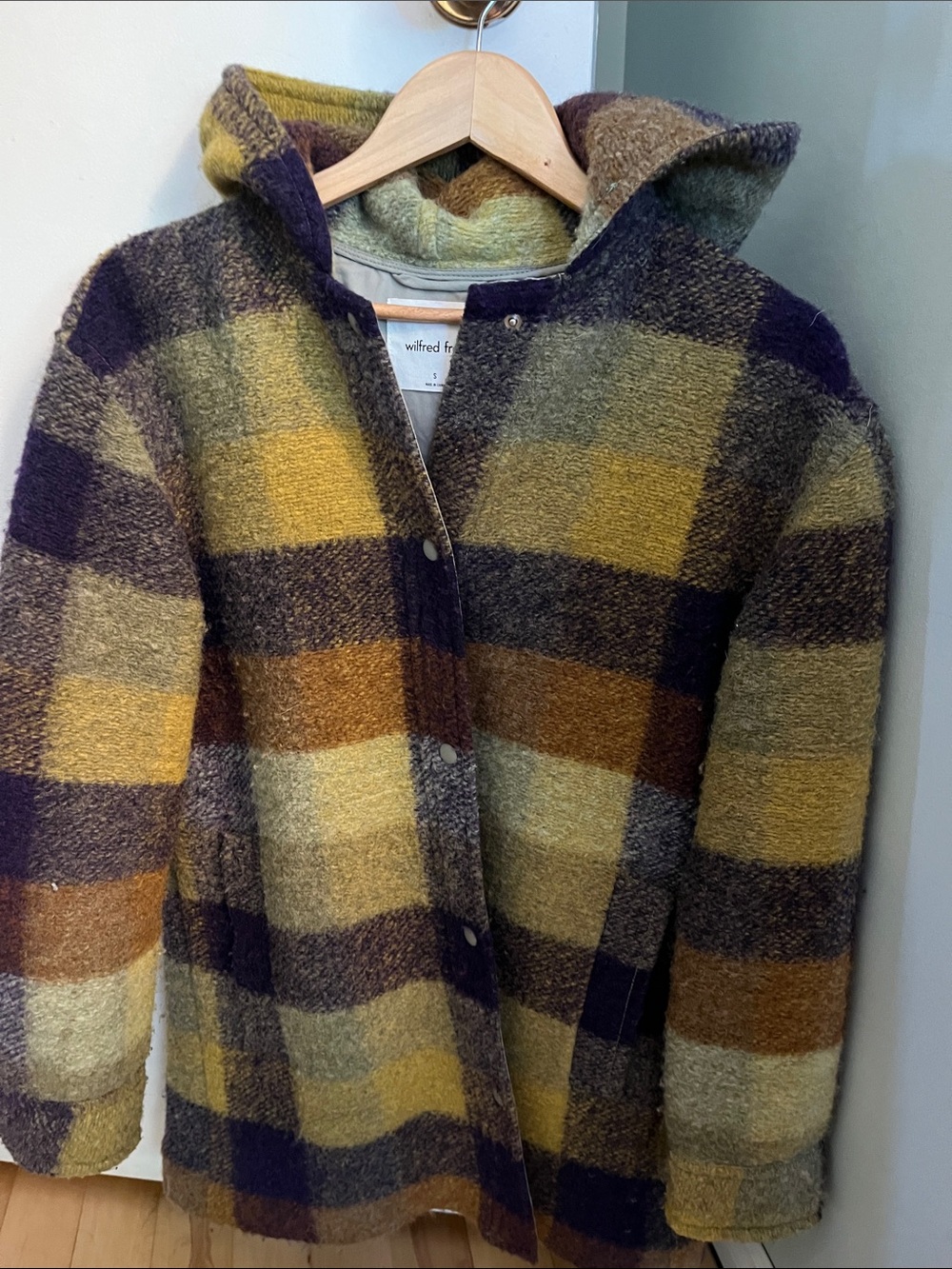 Wilfred Hooded Plaid Pea Coat in Mustard, Brown & Navy